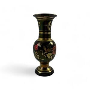 1980s Hand Painted & Enameled Small Floral Brass Vase from India Black Gold